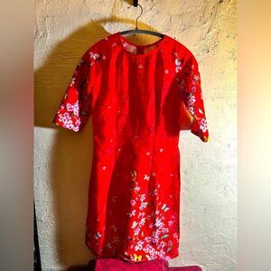 Floral Red Asian inspired tunic top with side opening